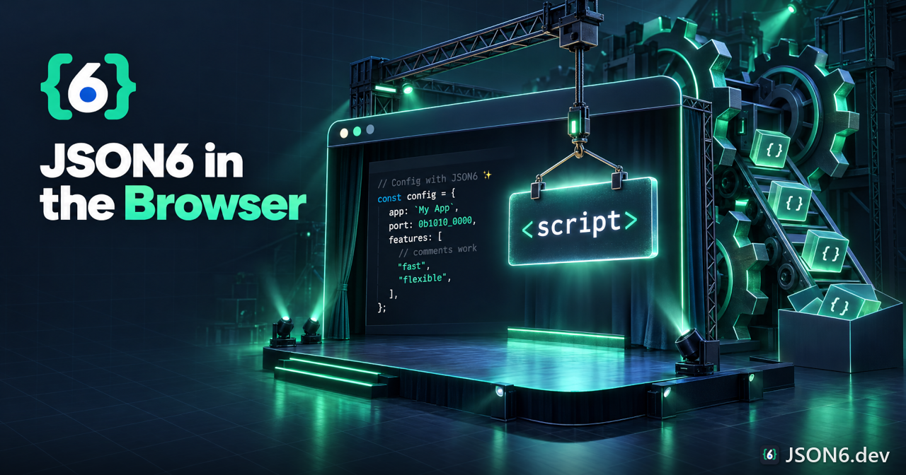 An abstract browser window as a stage receiving a glowing script tag block, with bundler gears behind